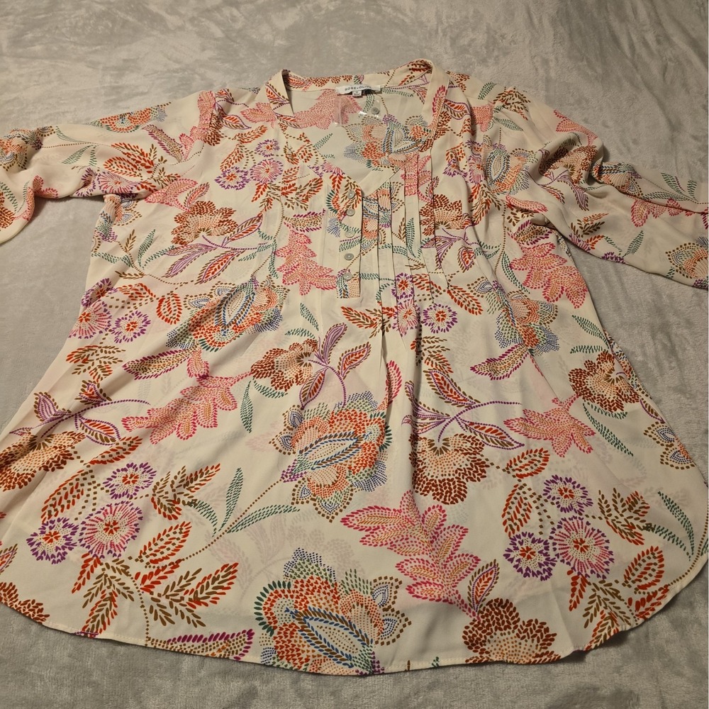 Rose & Olive 1X Floral Tunic Blouse V Neck Pintuck 3/4 Sleeve Top Spring Garden